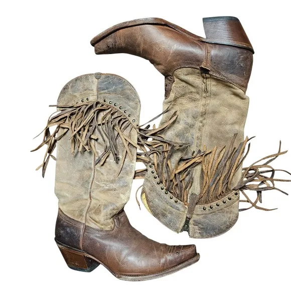 Tony Lama Mosto Tucson Snip Toe Western Boots 9B Fringed Studded Cowgirl VF3036
