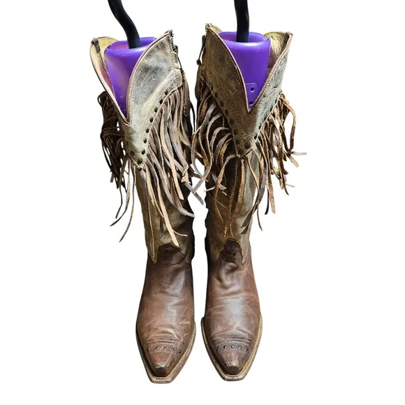 Tony Lama Mosto Tucson Snip Toe Western Boots 9B Fringed Studded Cowgirl VF3036