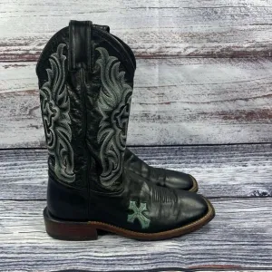 Tony Lama San Saba Cross Inlay Black Blue Leather Square Toe Boots Women’s 6.5