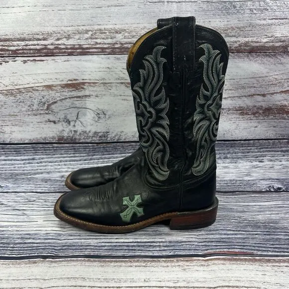 Tony Lama San Saba Cross Inlay Black Blue Leather Square Toe Boots Women’s 6.5