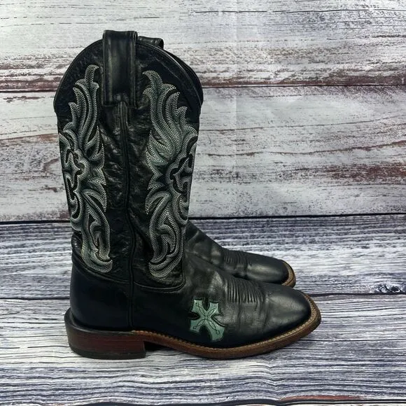 Tony Lama San Saba Cross Inlay Black Blue Leather Square Toe Boots Women’s 6.5