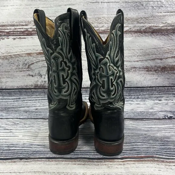 Tony Lama San Saba Cross Inlay Black Blue Leather Square Toe Boots Women’s 6.5