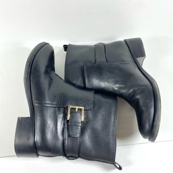 Tory Burch Black Tumbled Leather Moto Ankle Boots Mid Buckle Booties size 9