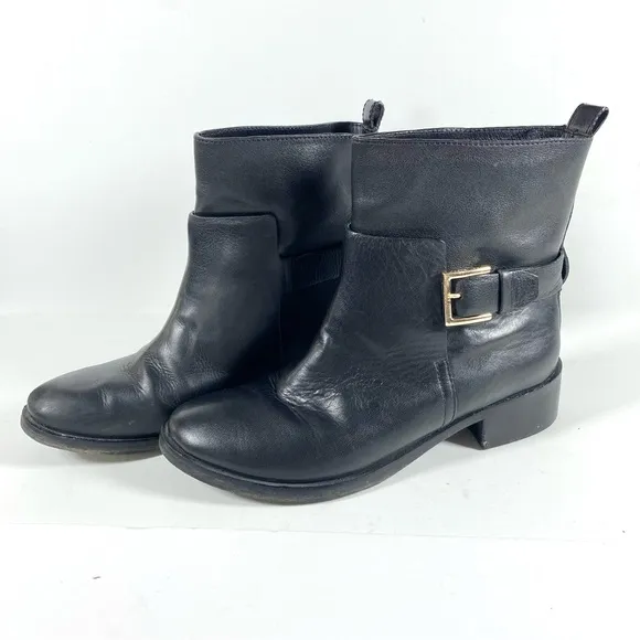 Tory Burch Black Tumbled Leather Moto Ankle Boots Mid Buckle Booties size 9
