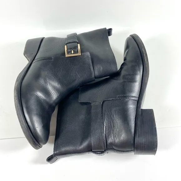 Tory Burch Black Tumbled Leather Moto Ankle Boots Mid Buckle Booties size 9