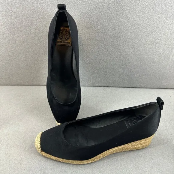 Tory Burch Espadrille Wedge Heel Black Comfortable Shoes Size 6.5