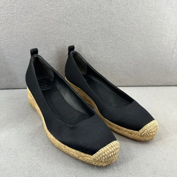 Tory Burch Espadrille Wedge Heel Black Comfortable Shoes Size 6.5
