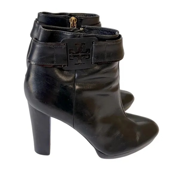 Tory Burch Genuine Leather Black High Heeled Boots Zipper Strap 9