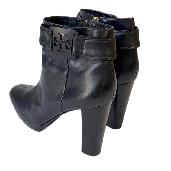 Tory Burch Genuine Leather Black High Heeled Boots Zipper Strap 9