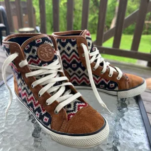 Tory Burch High Top Sneakers Aztec Print Suede Trim Lace Up Shoes 7M