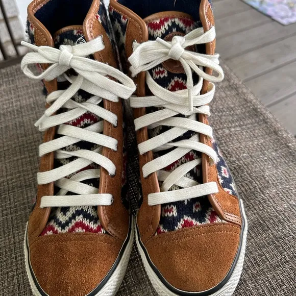 Tory Burch High Top Sneakers Aztec Print Suede Trim Lace Up Shoes 7M