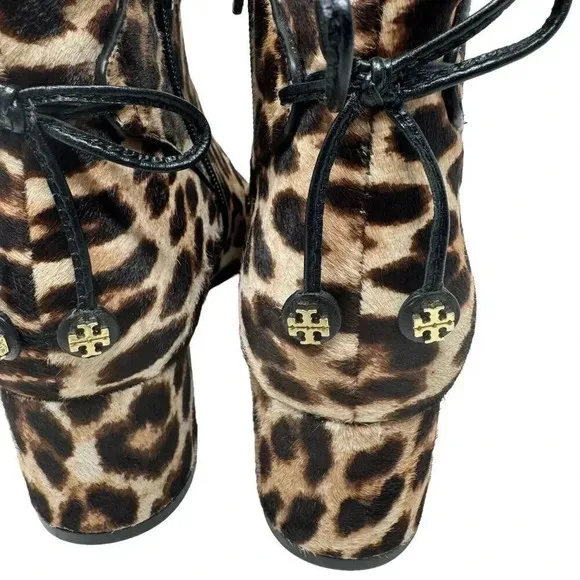 TORY BURCH LAILA 50 MM Bootie Boots Calf Hair size 8 block heel leopard print