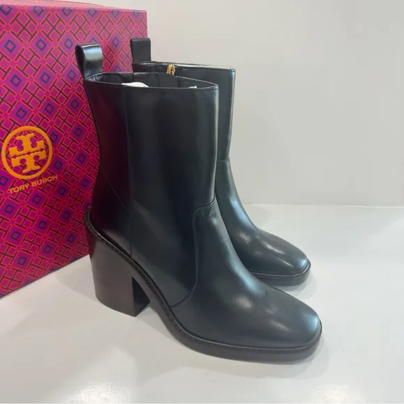 Tory Burch Leather Ankle Block Heeled Boots Chelsea - Sierra Antik