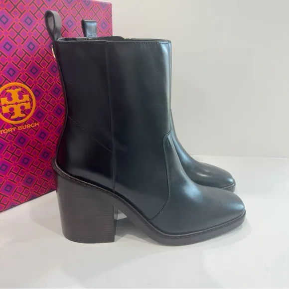 Tory Burch Leather Ankle Block Heeled Boots Chelsea - Sierra Antik