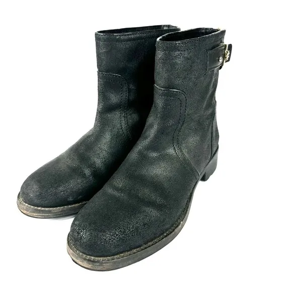 Tory Burch leather Selena biker moto boots ankle distressed black 7.5 strap zip