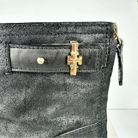Tory Burch leather Selena biker moto boots ankle distressed black 7.5 strap zip