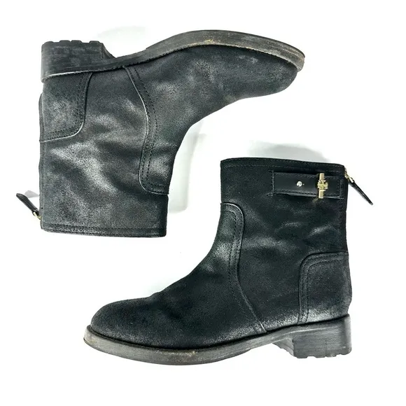 Tory Burch leather Selena biker moto boots ankle distressed black 7.5 strap zip