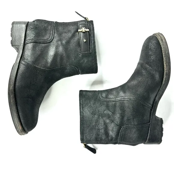 Tory Burch leather Selena biker moto boots ankle distressed black 7.5 strap zip