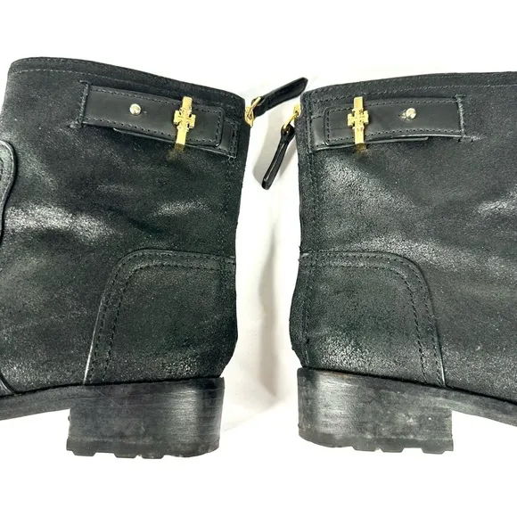 Tory Burch leather Selena biker moto boots ankle distressed black 7.5 strap zip