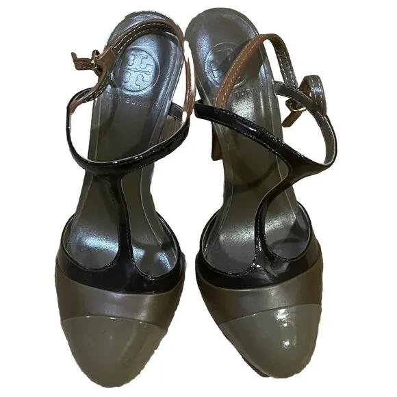 Tory Burch Lexa T-Bar 2 Tone Slingback Women’s Size 8 Brown Black All Leather