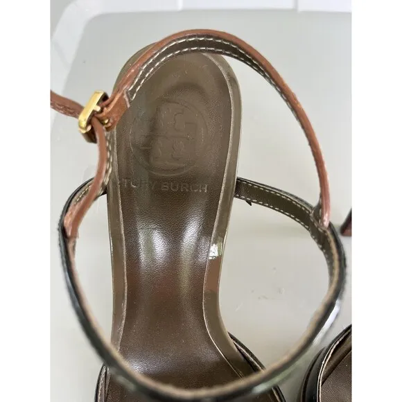 Tory Burch Lexa T-Bar 2 Tone Slingback Women’s Size 8 Brown Black All Leather