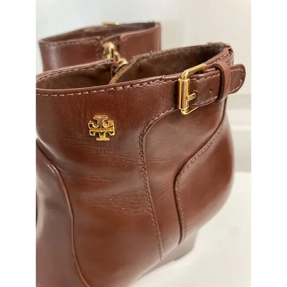 Tory Burch Milan Women’s Wedge Ankle Boots size 5 Logo Brown Genuine Leather
