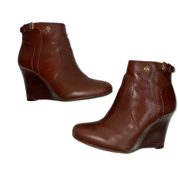 Tory Burch Milan Women’s Wedge Ankle Boots size 5 Logo Brown Genuine Leather