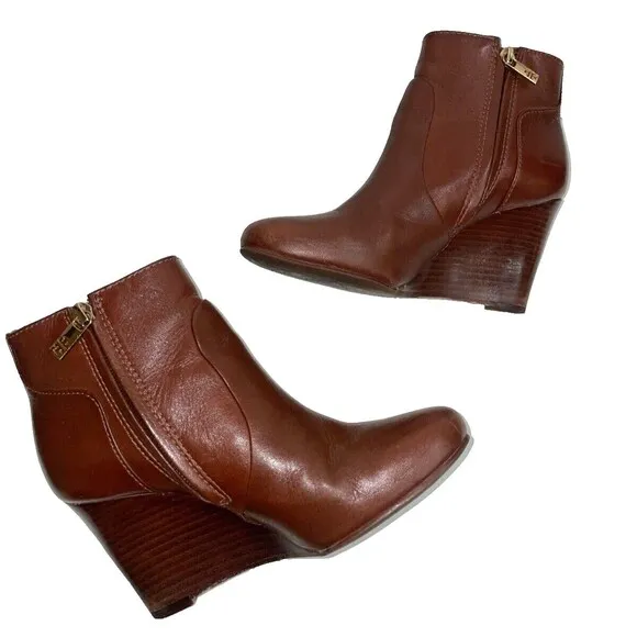Tory Burch Milan Women’s Wedge Ankle Boots size 5 Logo Brown Genuine Leather