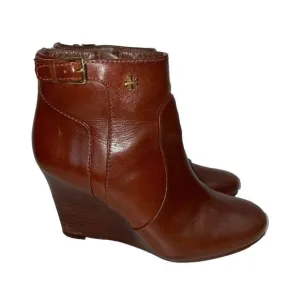 Tory Burch Milan Women’s Wedge Ankle Boots size 5 Logo Brown Genuine Leather