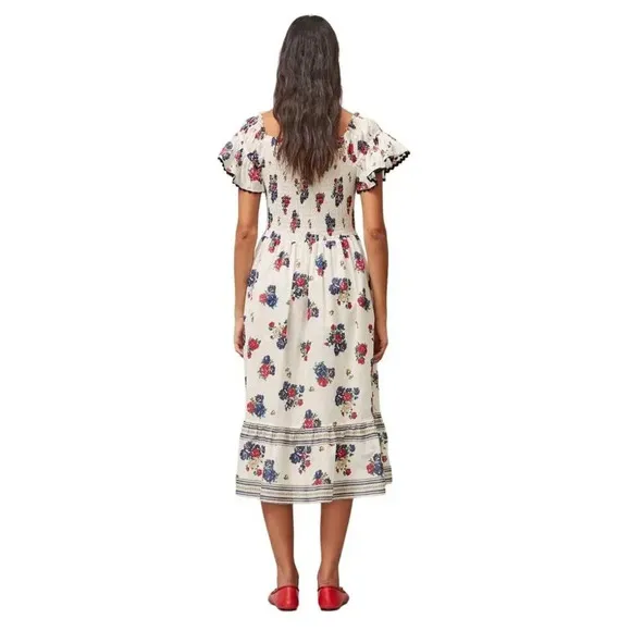Tory Burch printed smocked dress ivory tea rose - Size S