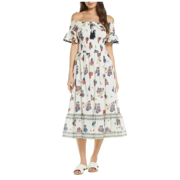 Tory Burch printed smocked dress ivory tea rose - Size S