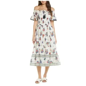 Tory Burch printed smocked dress ivory tea rose - Size S