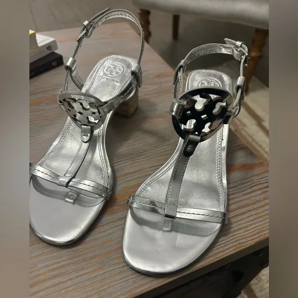 Tory Burch Silver Women's Sandals Miller Logo T-Strap
