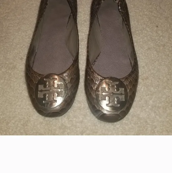 Tory Burch Snakeskin Leather Women's Size 8.5 Brown Gold Logo