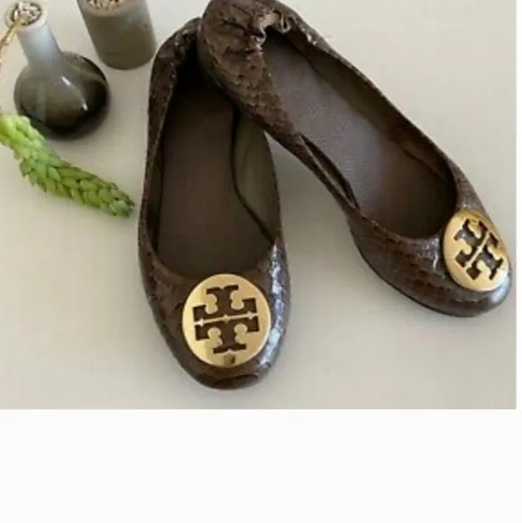 Tory Burch Snakeskin Leather Women's Size 8.5 Brown Gold Logo