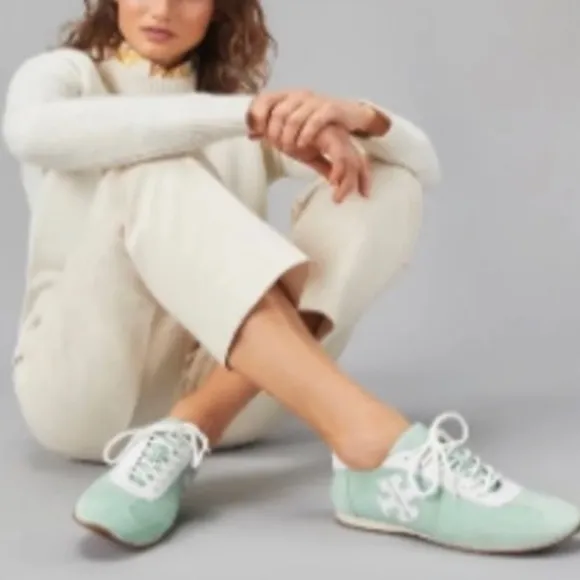 Tory Burch Tory Sneakers Mint Chip Suede Leather Shoes 6.5