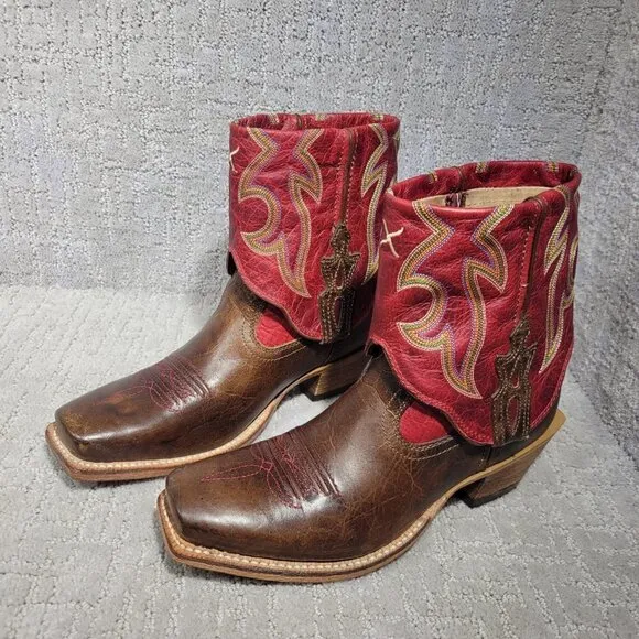 Twisted X Red Brown Leather Fold Over Ankle Boots WSOC 003 Women's Size 7B