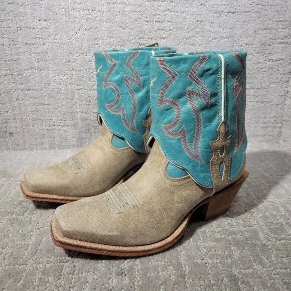 Twisted X Tan Blue Leather Fold Over Ankle Boots WSOC 002 Women's Size 6B, 7B US