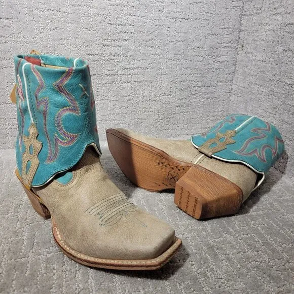 Twisted X Tan Blue Leather Fold Over Ankle Boots WSOC 002 Women's Size 6B, 7B US