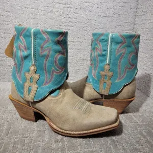 Twisted X Tan Blue Leather Fold Over Ankle Boots WSOC 002 Women's Size 6B, 7B US