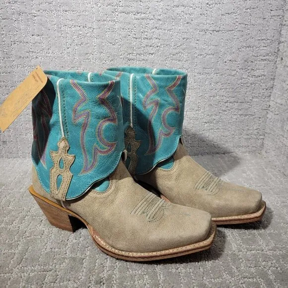 Twisted X Tan Blue Leather Fold Over Ankle Boots WSOC 002 Women's Size 6B, 7B US