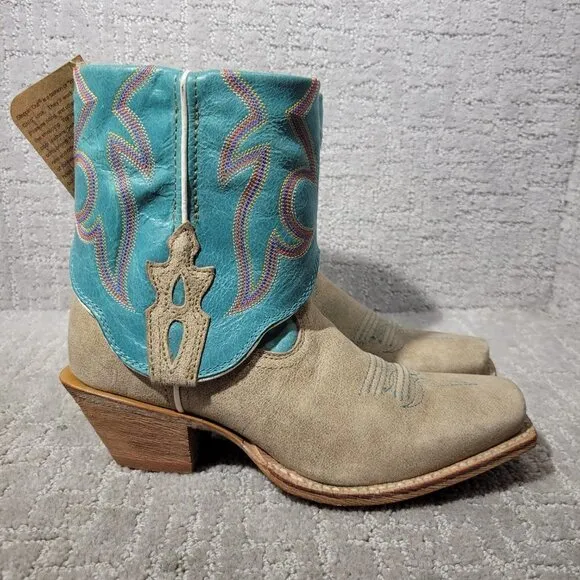 Twisted X Tan Blue Leather Fold Over Ankle Boots WSOC 002 Women's Size 6B, 7B US