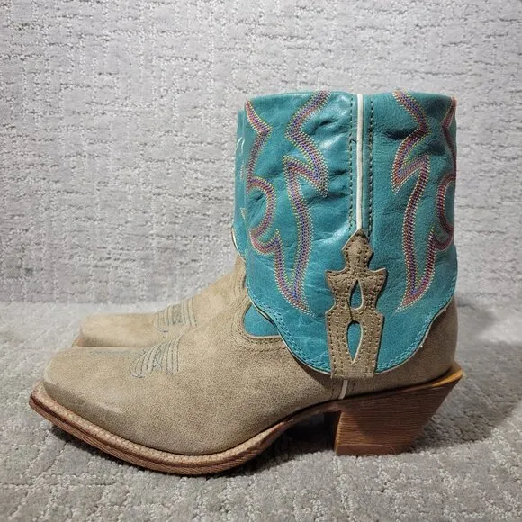 Twisted X Tan Blue Leather Fold Over Ankle Boots WSOC 002 Women's Size 6B, 7B US