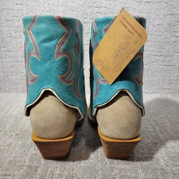 Twisted X Tan Blue Leather Fold Over Ankle Boots WSOC 002 Women's Size 6B, 7B US