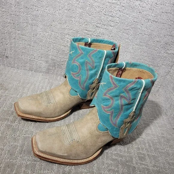 Twisted X Tan Blue Leather Fold Over Ankle Boots WSOC 002 Women's Size 6B, 7B US