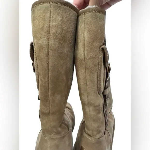 UGG 1895 Chestnut Retro Cargo Tall Sheepskin Boots w/Decorative Striped Strap 9