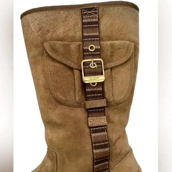 UGG 1895 Chestnut Retro Cargo Tall Sheepskin Boots w/Decorative Striped Strap 9