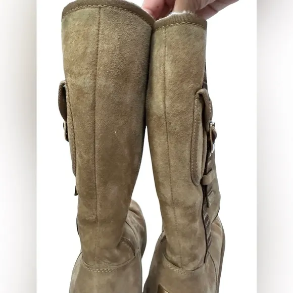 UGG 1895 Chestnut Retro Cargo Tall Sheepskin Boots w/Decorative Striped Strap 9
