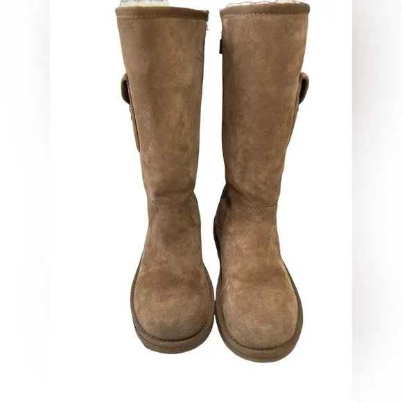 UGG 1895 Chestnut Retro Cargo Tall Sheepskin Boots w/Decorative Striped Strap 9