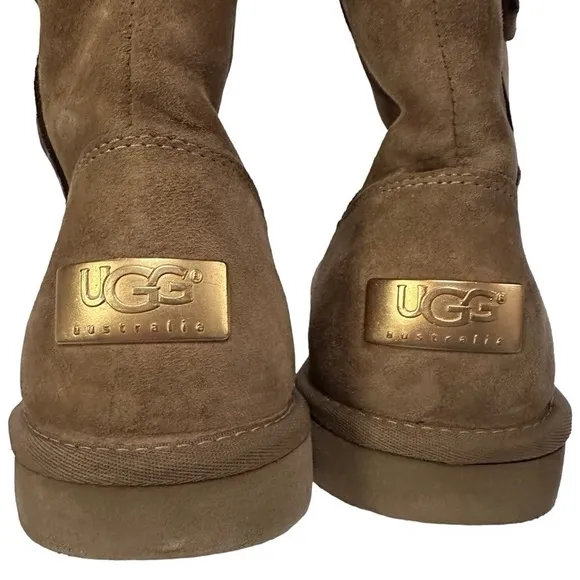 UGG 1895 Chestnut Retro Cargo Tall Sheepskin Boots w/Decorative Striped Strap 9